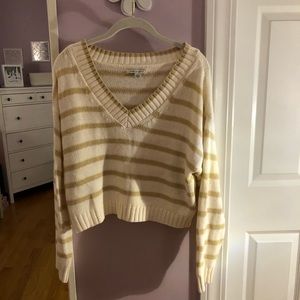 Tan and white striped cropped v-neck sweater